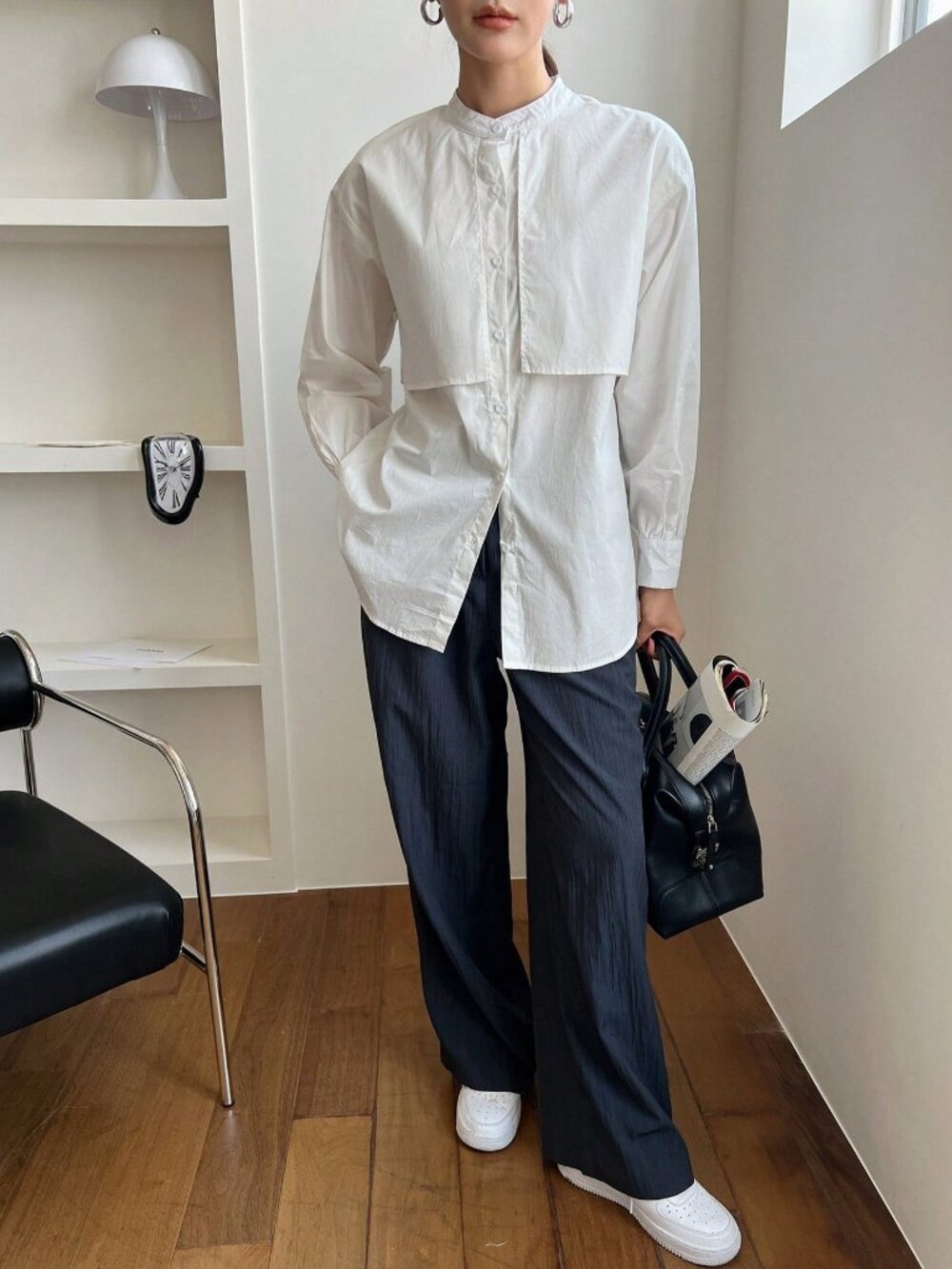 White Casual Oversized Drop Shoulder Button Stand Collar Long Sleeve Shirt - Picture 5 of 12